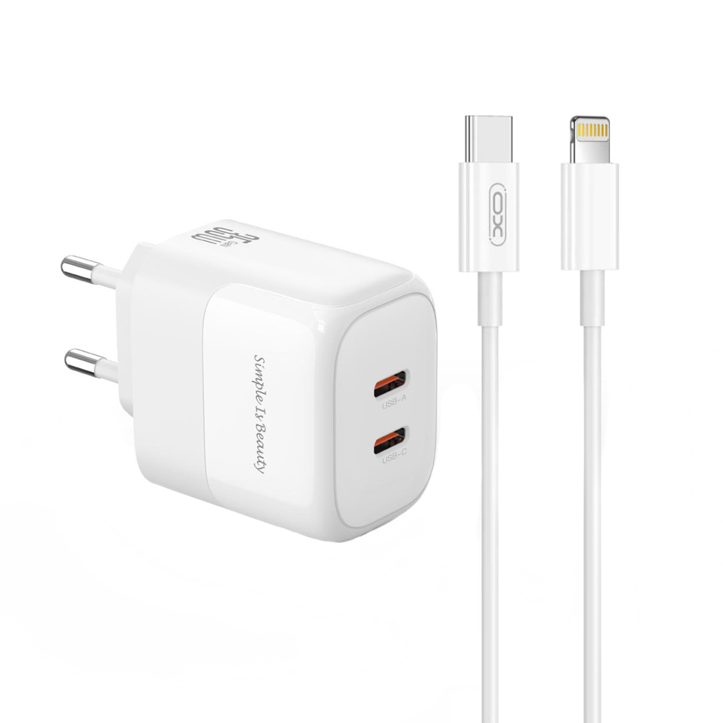 Nettlader med Lightning-kabel XO Design L140, 35W, 3A, 2 x USB-C, Hvit