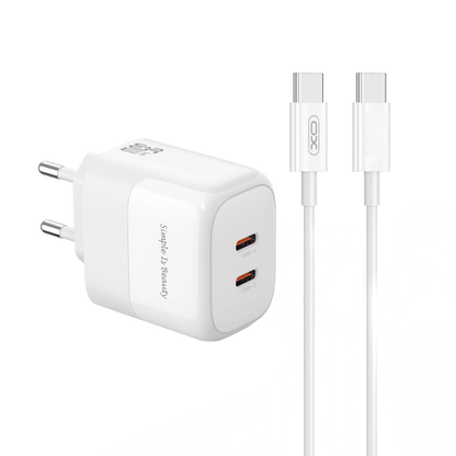 Nettlader med USB-C-kabel XO Design L140, 35W, 3A, 2 x USB-C, Hvit