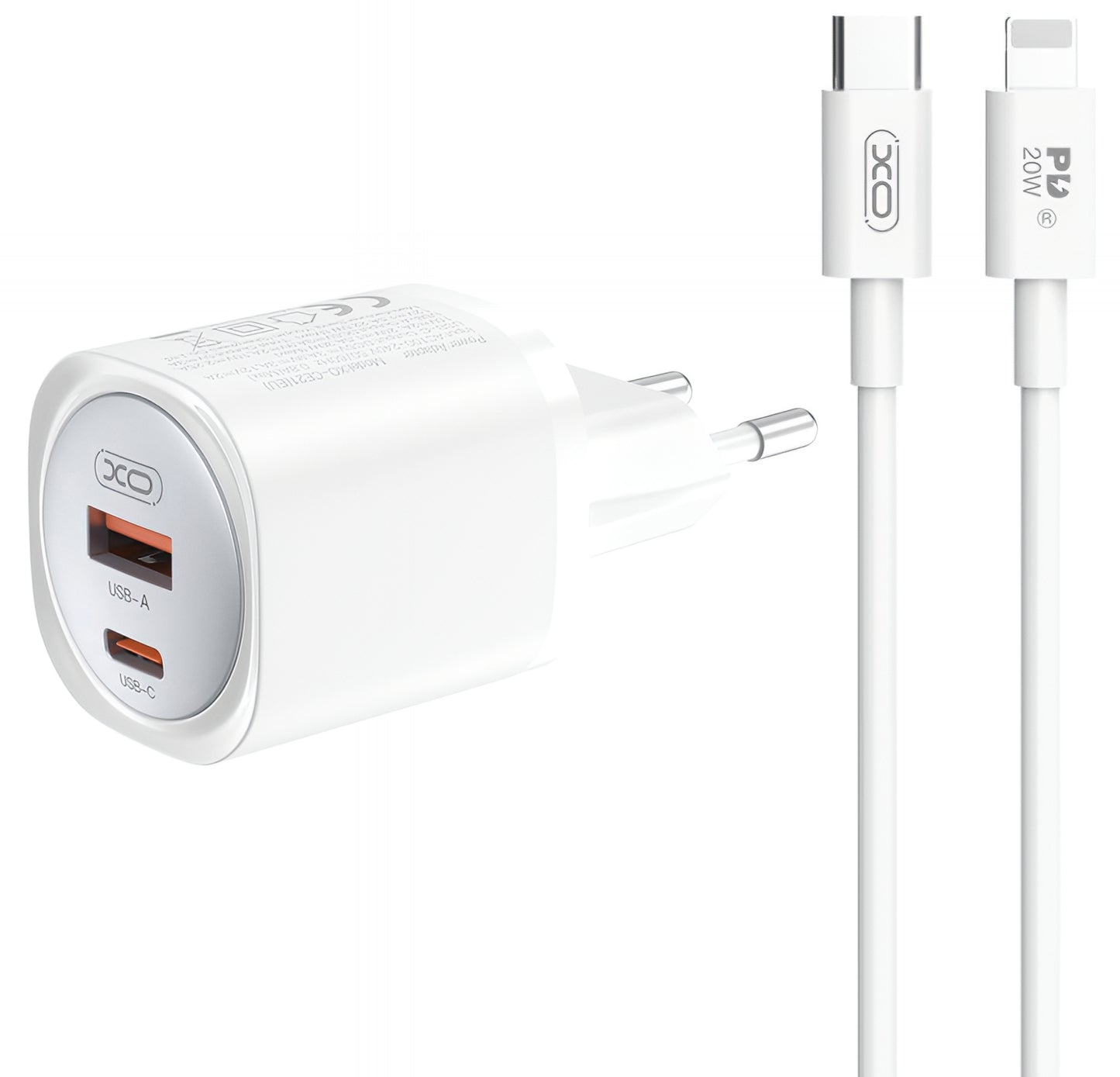 Nettlader med Lightning-kabel XO Design CE21, 30W, 3A, 1 x USB-A - 1 x USB-C, Hvit