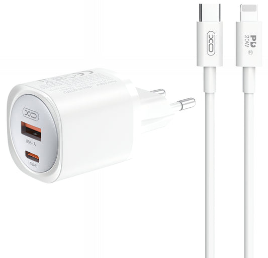 Nettlader med Lightning-kabel XO Design CE21, 30W, 3A, 1 x USB-A - 1 x USB-C, Hvit