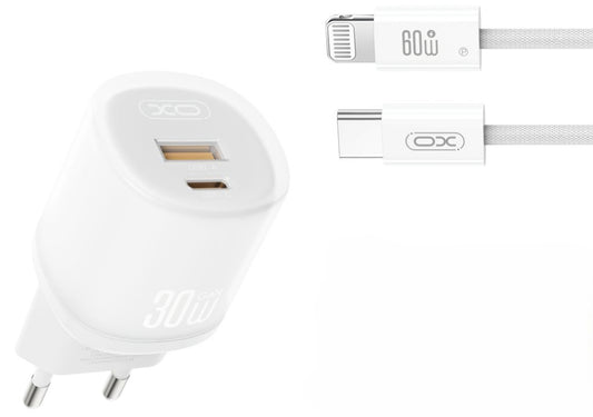 Nettlader med Lightning-kabel XO Design L151, 30W, 3A, 1 x USB-A - 1 x USB-C, Hvit