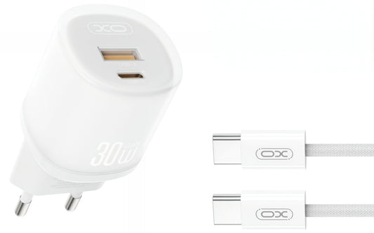 Nettlader med USB-C-kabel XO Design L151, 30W, 3A, 1 x USB-A - 1 x USB-C, Hvit