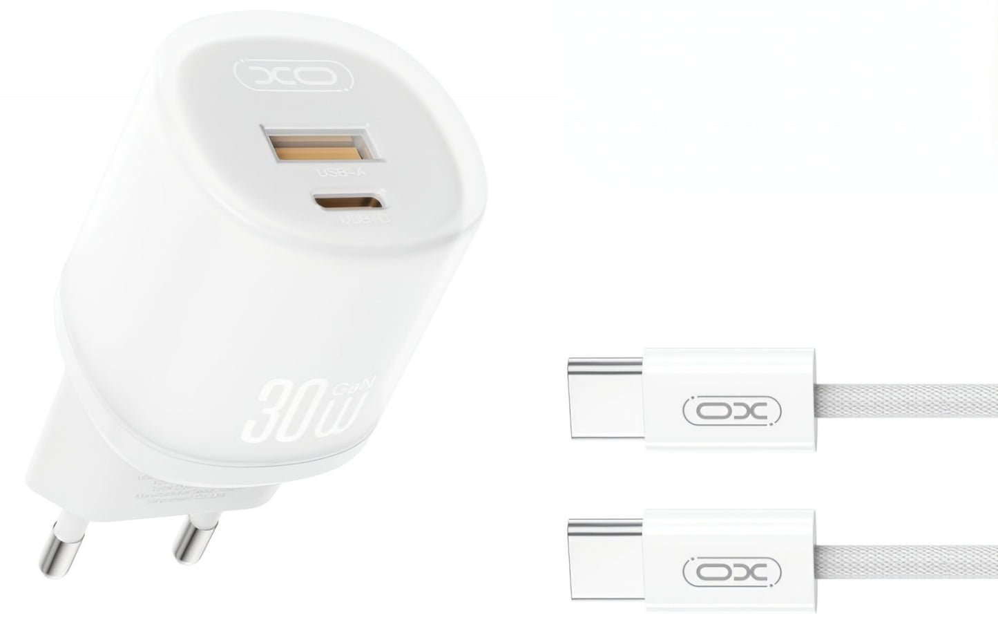 Nettlader med USB-C-kabel XO Design L151, 30W, 3A, 1 x USB-A - 1 x USB-C, Hvit