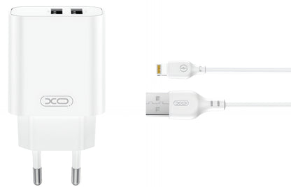 Nettlader med Lightning-kabel XO Design CE34, 12W, 2.4A, 2 x USB-A, Hvit