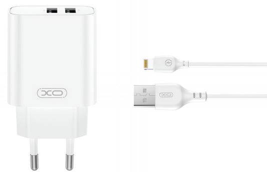Nettlader med Lightning-kabel XO Design CE34, 12W, 2.4A, 2 x USB-A, Hvit