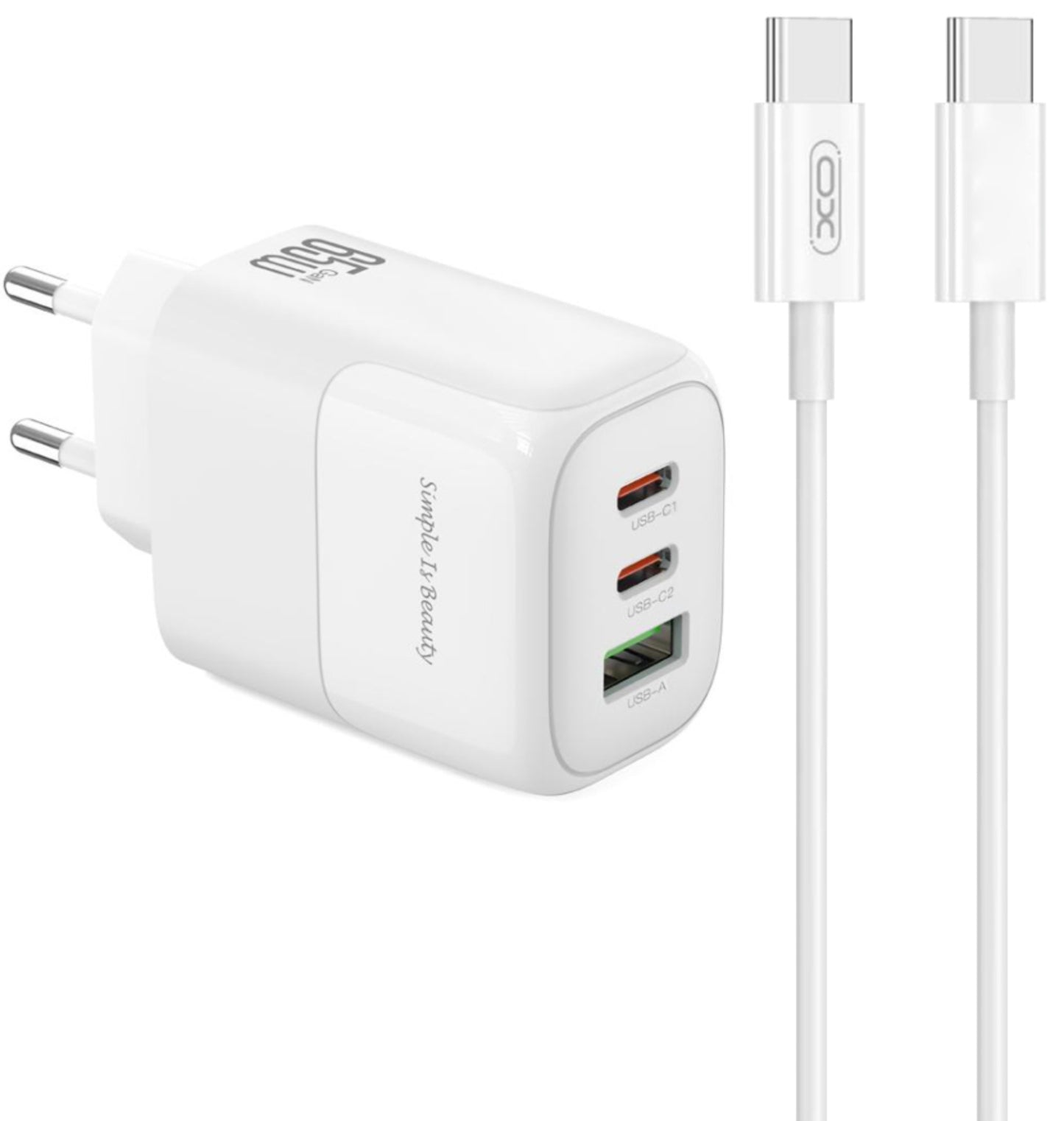 Nettlader med USB-C-kabel XO Design L139, 65W, 4.5A, 1 x USB-A - 2 x USB-C, Hvit