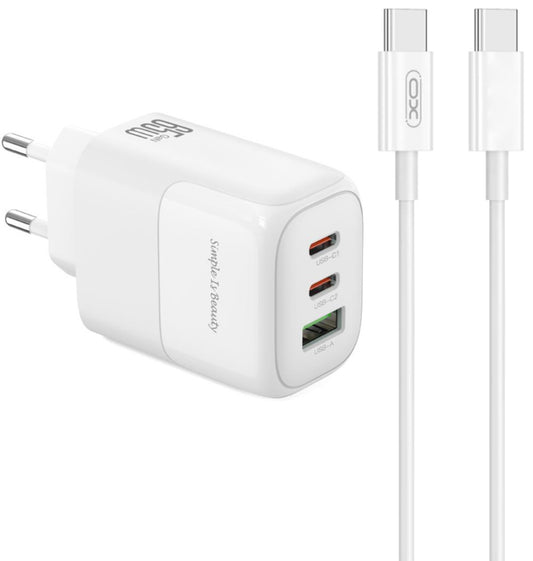 Nettlader med USB-C-kabel XO Design L139, 65W, 4.5A, 1 x USB-A - 2 x USB-C, Hvit