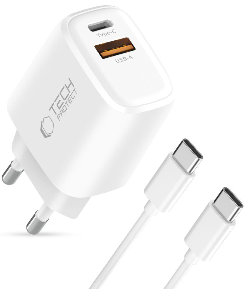 Nettlader med USB-C-kabel Tech-Protect NCA45W, 45W, 3A, 1 x USB-A - 1 x USB-C, Hvit