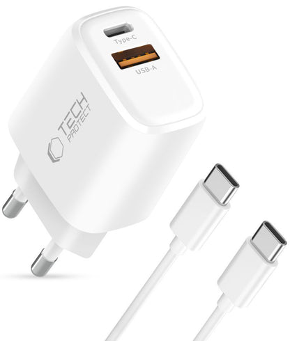 Nettlader med USB-C-kabel Tech-Protect NCA45W, 45W, 3A, 1 x USB-A - 1 x USB-C, Hvit
