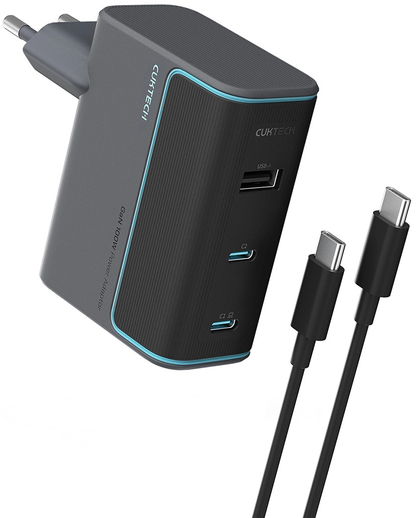 Nettlader med USB-C-kabel Cuktech, 100W, 5A, 1 x USB-A - 2 x USB-C, Grå CUKAD1003EUG