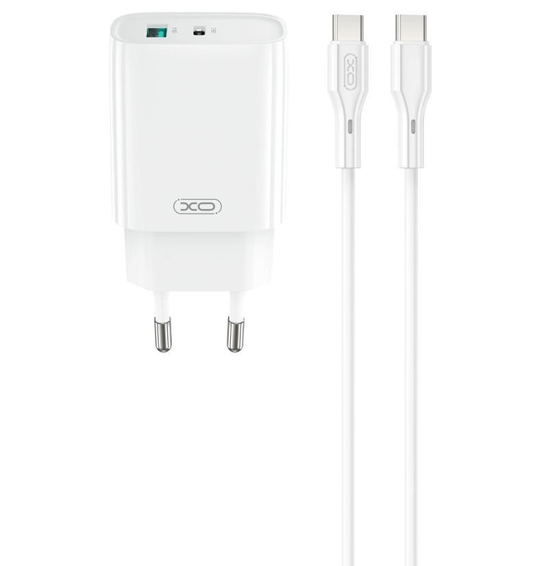 Nettlader med USB-C-kabel XO Design CE30, 30W, 3A, 1 x USB-A - 1 x USB-C, Hvit
