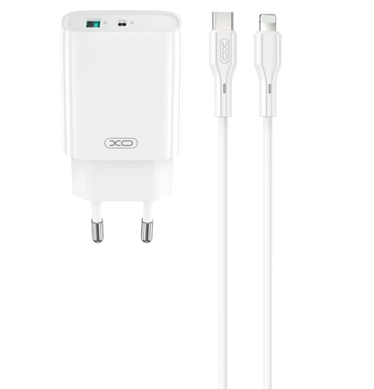 Nettlader med Lightning-kabel XO Design CE30, 30W, 3A, 1 x USB-A - 1 x USB-C, Hvit