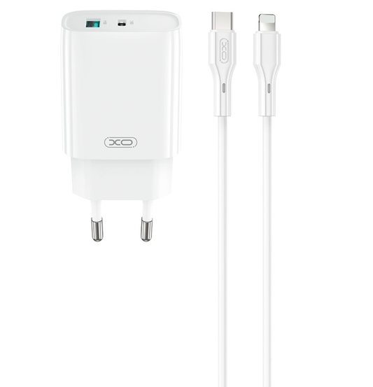 Nettlader med Lightning-kabel XO Design CE30, 30W, 3A, 1 x USB-A - 1 x USB-C, Hvit