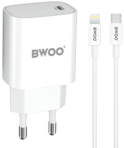 Nettlader med Lightning-kabel BWOO CDA159, 20W, 3A, 1 x USB-C, Hvit