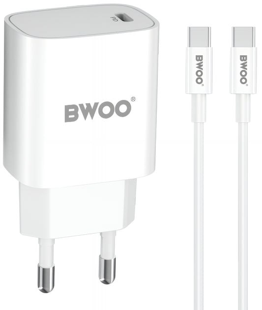 Nettlader med USB-C-kabel BWOO CDA159, 20W, 3A, 1 x USB-C, Hvit