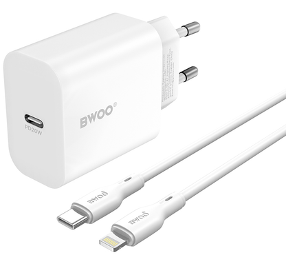 Nettlader med Lightning-kabel BWOO CDA233, 20W, 3A, 1 x USB-C, Hvit