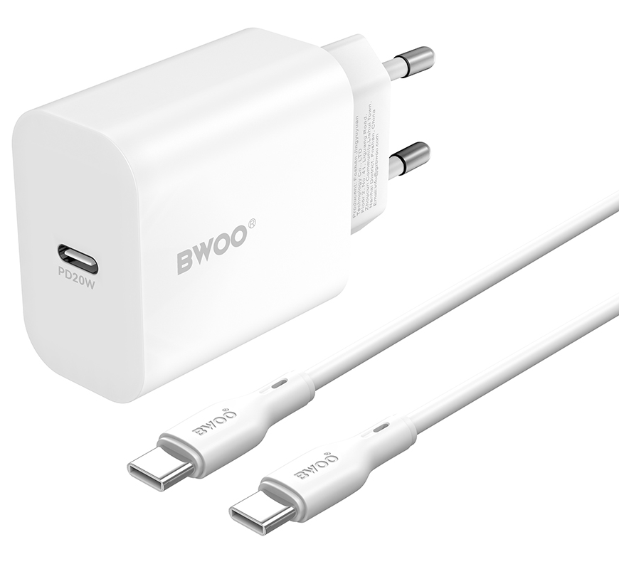 Nettlader med USB-C-kabel BWOO CDA233, 20W, 3A, 1 x USB-C, Hvit