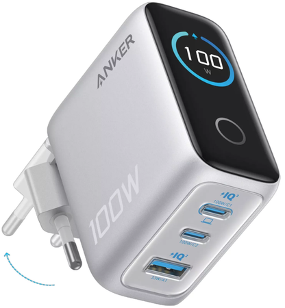 Nettlader med USB-C-kabel Anker Smart Display, 100W, 5A, 1 x USB-A - 2 x USB-C, Sølv B121BG41