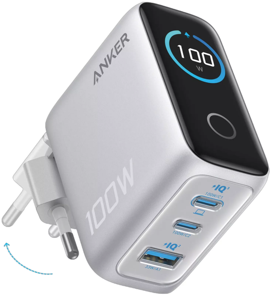 Nettlader med USB-C-kabel Anker Smart Display, 100W, 5A, 1 x USB-A - 2 x USB-C, Sølv B121BG41