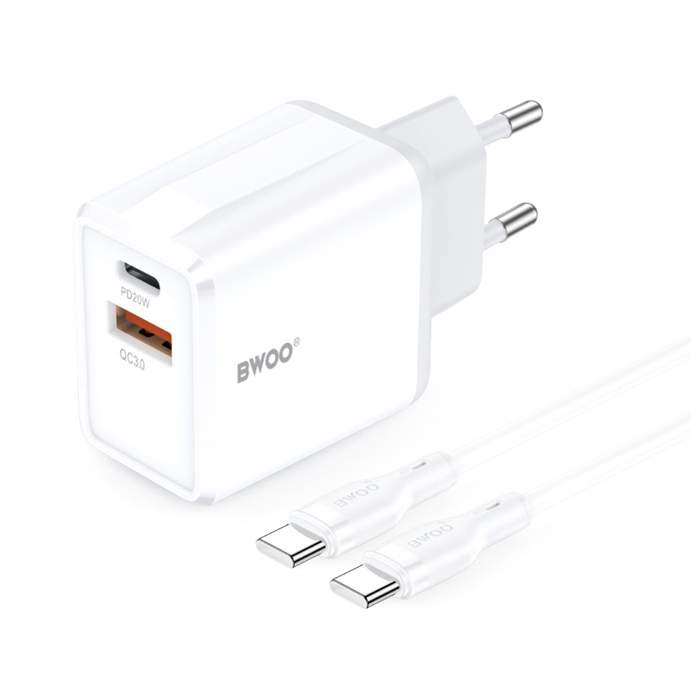 Nettlader med USB-C-kabel BWOO CDA182, 38W, 3A, 1 x USB-A - 1 x USB-C, Hvit