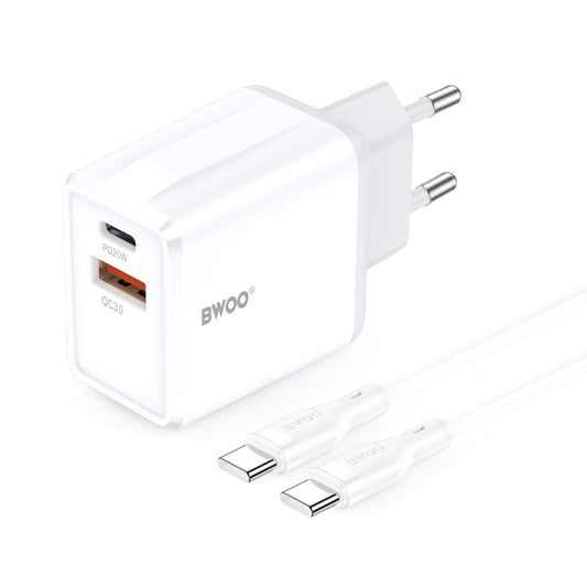 Nettlader med USB-C-kabel BWOO CDA182, 38W, 3A, 1 x USB-A - 1 x USB-C, Hvit