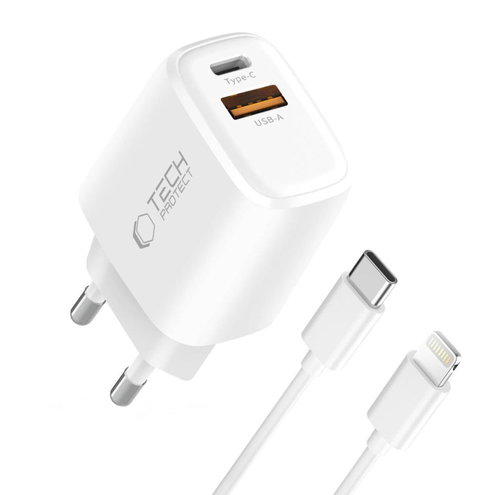 Nettlader med Lightning-kabel Tech-Protect NCA20, 20W, 3A, 1 x USB-A - 1 x USB-C, Hvit