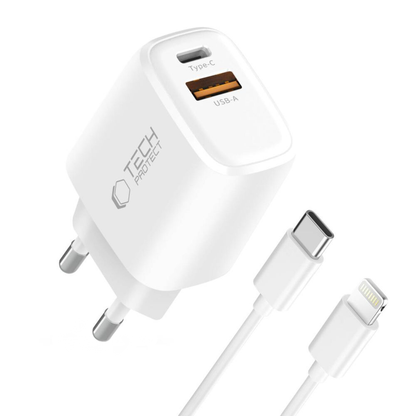 Nettlader med Lightning-kabel Tech-Protect NCA20, 20W, 3A, 1 x USB-A - 1 x USB-C, Hvit