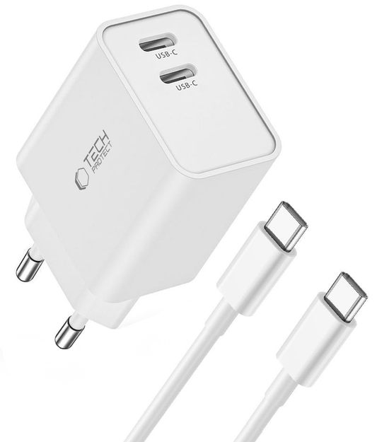 Nettlader med USB-C-kabel Tech-Protect C35W, 35W, 3A, 2 x USB-C, hvit