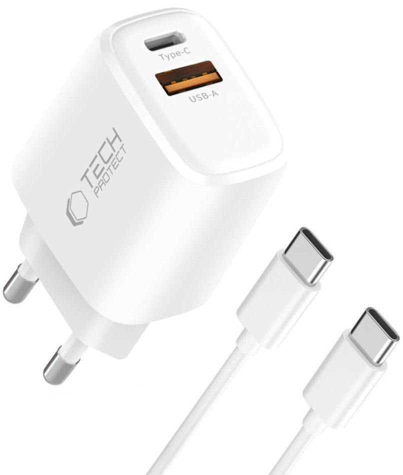 Nettlader med USB-C-kabel Tech-Protect NCA20, 20W, 3A, 1 x USB-A - 1 x USB-C, Hvit