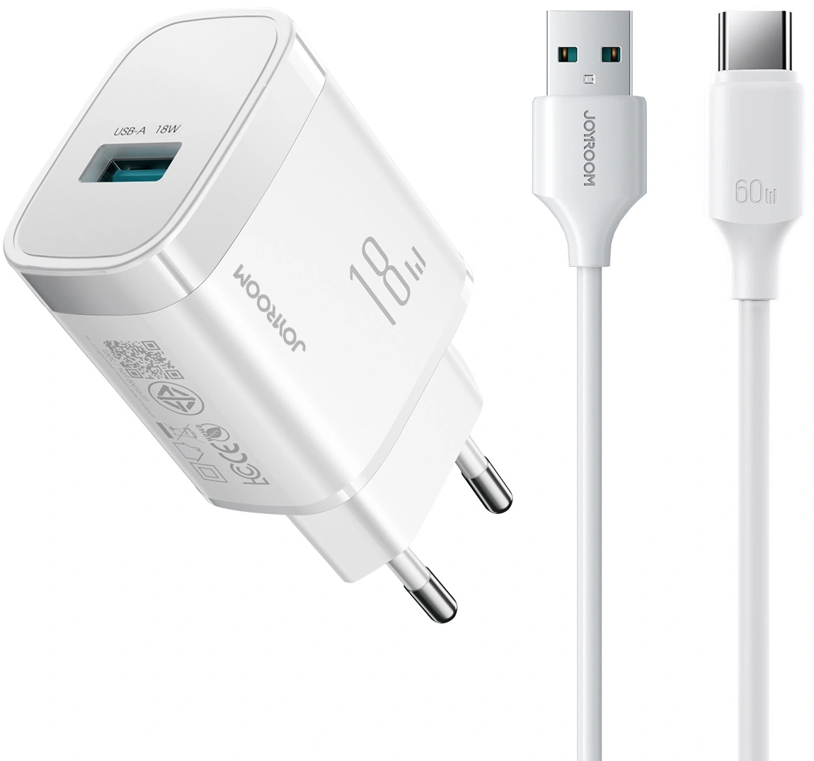 Nettlader med USB-C-kabel Joyroom JR-TF4, 18W, 3A, 1 x USB-A, Hvit