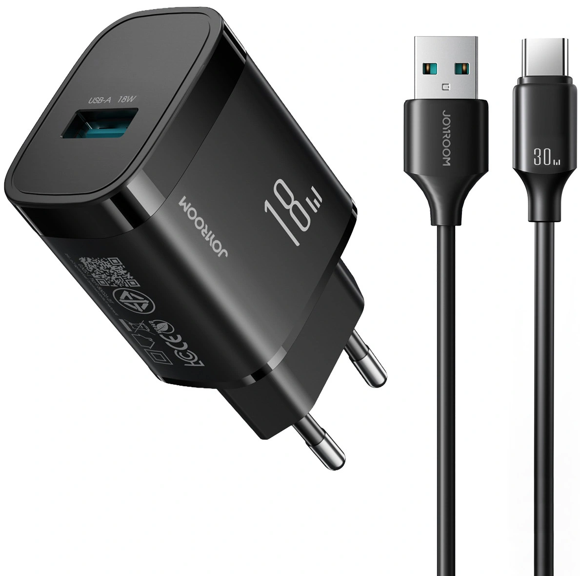 Nettlader med USB-C-kabel Joyroom JR-TF4, 18W, 3A, 1 x USB-A, Svart