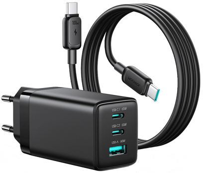 Nettlader med USB-C-kabel Joyroom JR-TG10, 65W, 3,25A, 1 x USB-A - 2 x USB-C, Svart