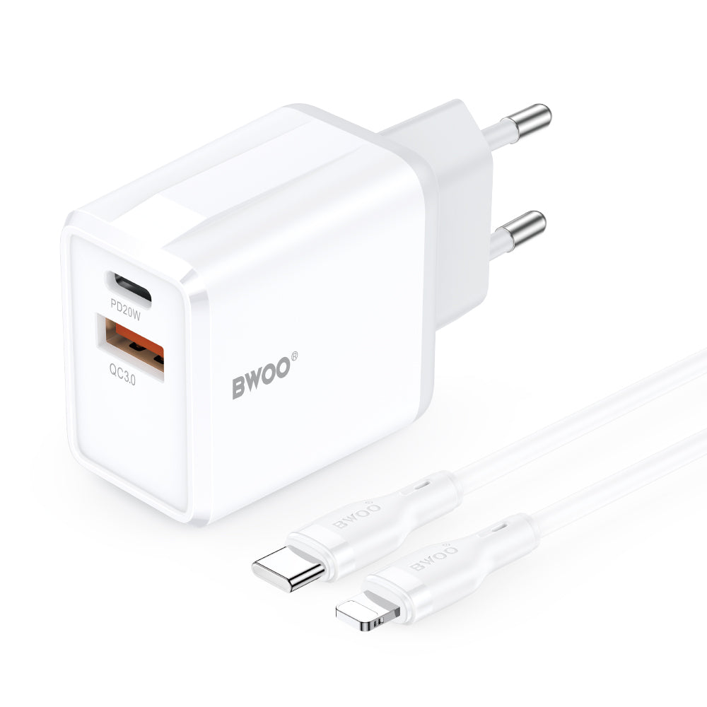 Nettlader med Lightning-kabel BWOO CDA182, 38W, 3A, 1 x USB-A - 1 x USB-C, Hvit