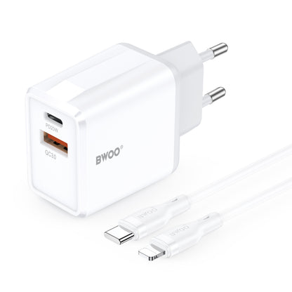 Nettlader med Lightning-kabel BWOO CDA182, 38W, 3A, 1 x USB-A - 1 x USB-C, Hvit
