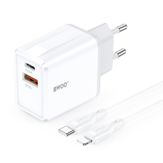 Nettlader med Lightning-kabel BWOO CDA182, 38W, 3A, 1 x USB-A - 1 x USB-C, Hvit