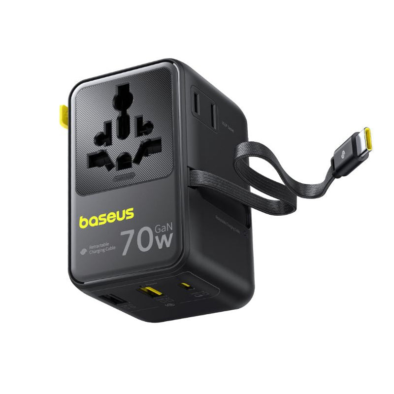 Baseus Travel EnerCore CG11 USB-C nettadapter med kabel, 70W, 2 x stikkontakt - 1 x USB-C - 2 x USB-A, svart E0307E00