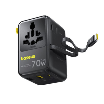 Baseus Travel EnerCore CG11 USB-C nettadapter med kabel, 70W, 2 x stikkontakt - 1 x USB-C - 2 x USB-A, svart E0307E00