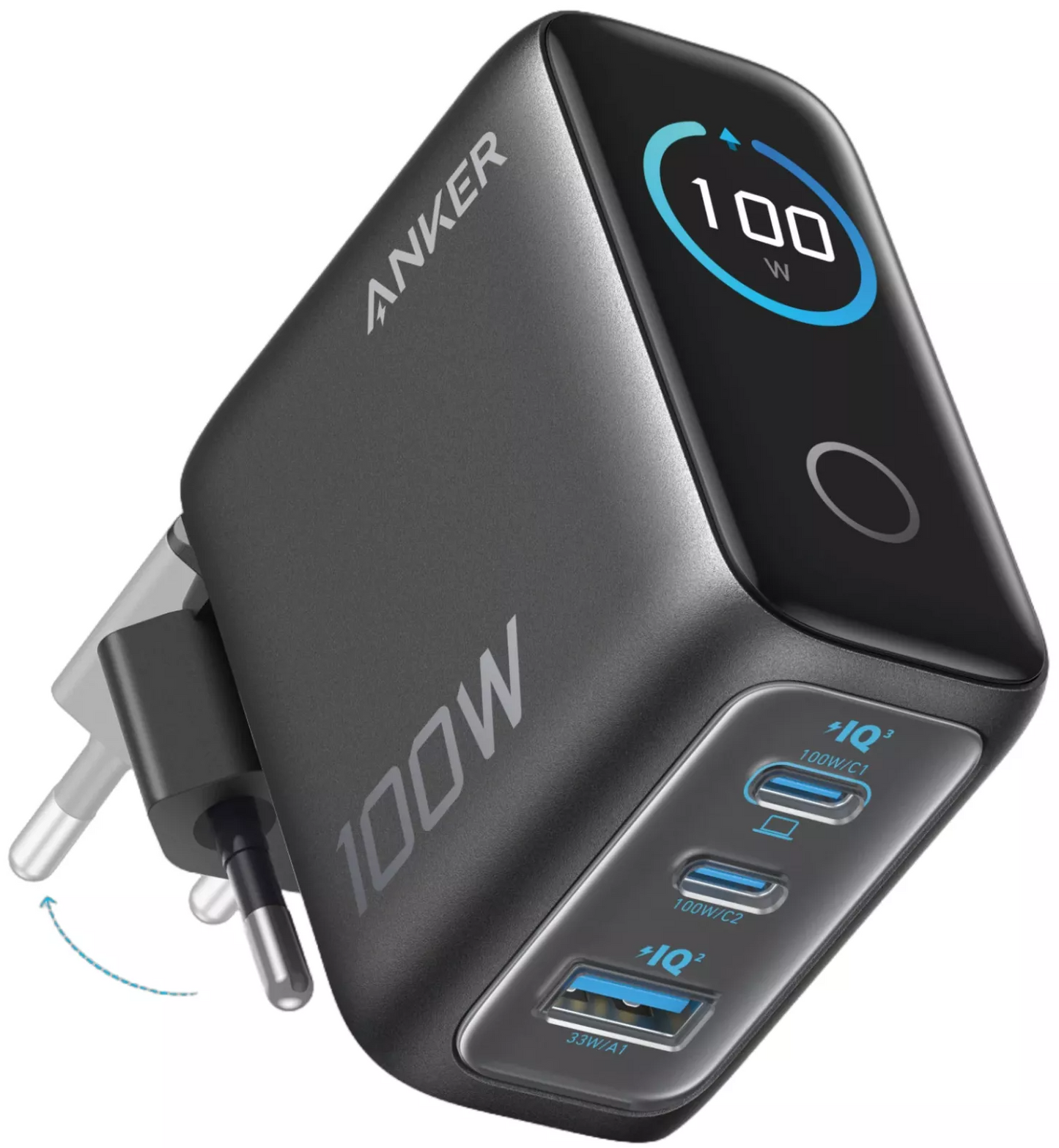 Anker Smart Display USB-C Nettlader med kabel, 100W, 5A, 1 x USB-A - 2 x USB-C, Grå, Reseglet B121BGZ1