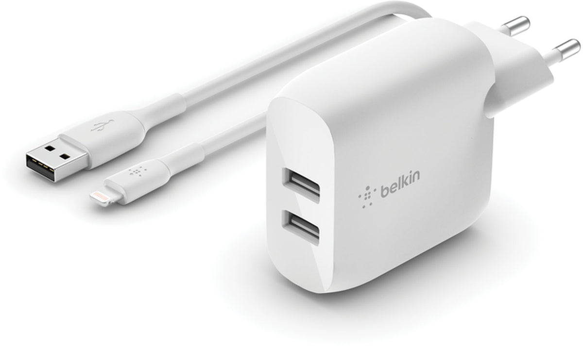 Nettlader med USB-C-kabel Belkin BoostCharge Dual, 24W, 2,4A, 2 x USB-A, hvit WCE001vf1MWH