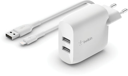 Nettlader med USB-C-kabel Belkin BoostCharge Dual, 24W, 2,4A, 2 x USB-A, hvit WCE001vf1MWH