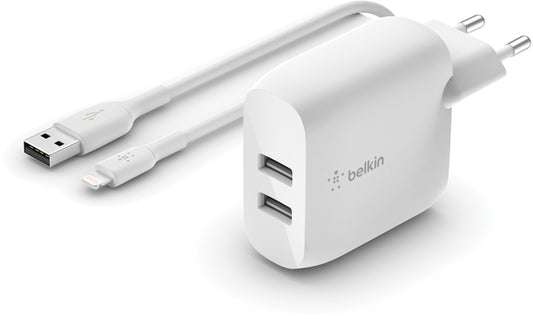 Nettlader med USB-C-kabel Belkin BoostCharge Dual, 24W, 2,4A, 2 x USB-A, hvit WCE001vf1MWH