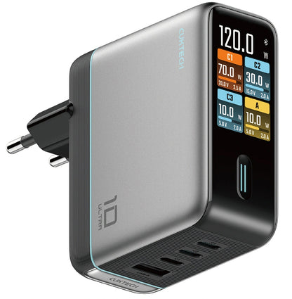 Nettlader med USB-C-kabel Cuktech AD1204U Display, 120W, 6A, 1 x USB-A - 2 x USB-C, Sølv