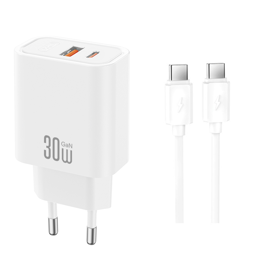 Nettlader med USB-C-kabel XO Design CE42, 30W, 3A, 1 x USB-A - 1 x USB-C, Hvit