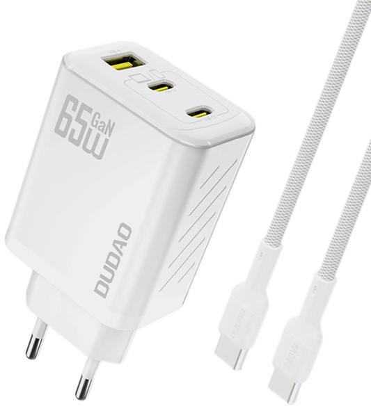 Nettlader med USB-C-kabel Dudao A29C, 65W, 3,25A, 1 x USB-A - 2 x USB-C, Hvit