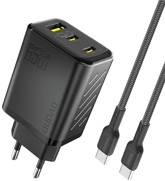 Nettlader med USB-C-kabel Dudao A29C, 65W, 3,25A, 1 x USB-A - 2 x USB-C, Svart