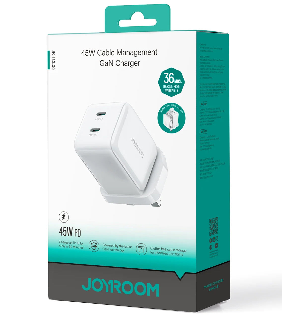 Nettlader med USB-C-kabel Joyroom JR-TCL05, 45W, 3A, 2 x USB-C, Hvit