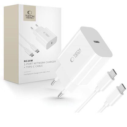 Nettlader med USB-C-kabel Tech-Protect NC20W, 20W, 3A, 1 x USB-C, Hvit