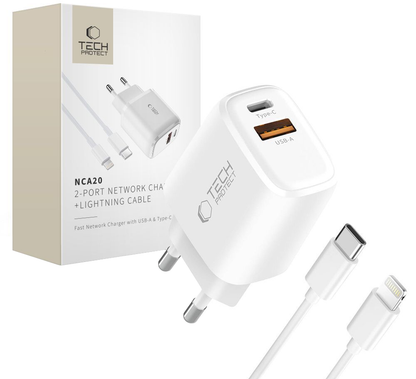 Nettlader med Lightning-kabel Tech-Protect NCA20, 20W, 3A, 1 x USB-A - 1 x USB-C, Hvit
