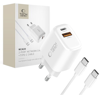 Nettlader med USB-C-kabel Tech-Protect NCA20, 20W, 3A, 1 x USB-A - 1 x USB-C, Hvit