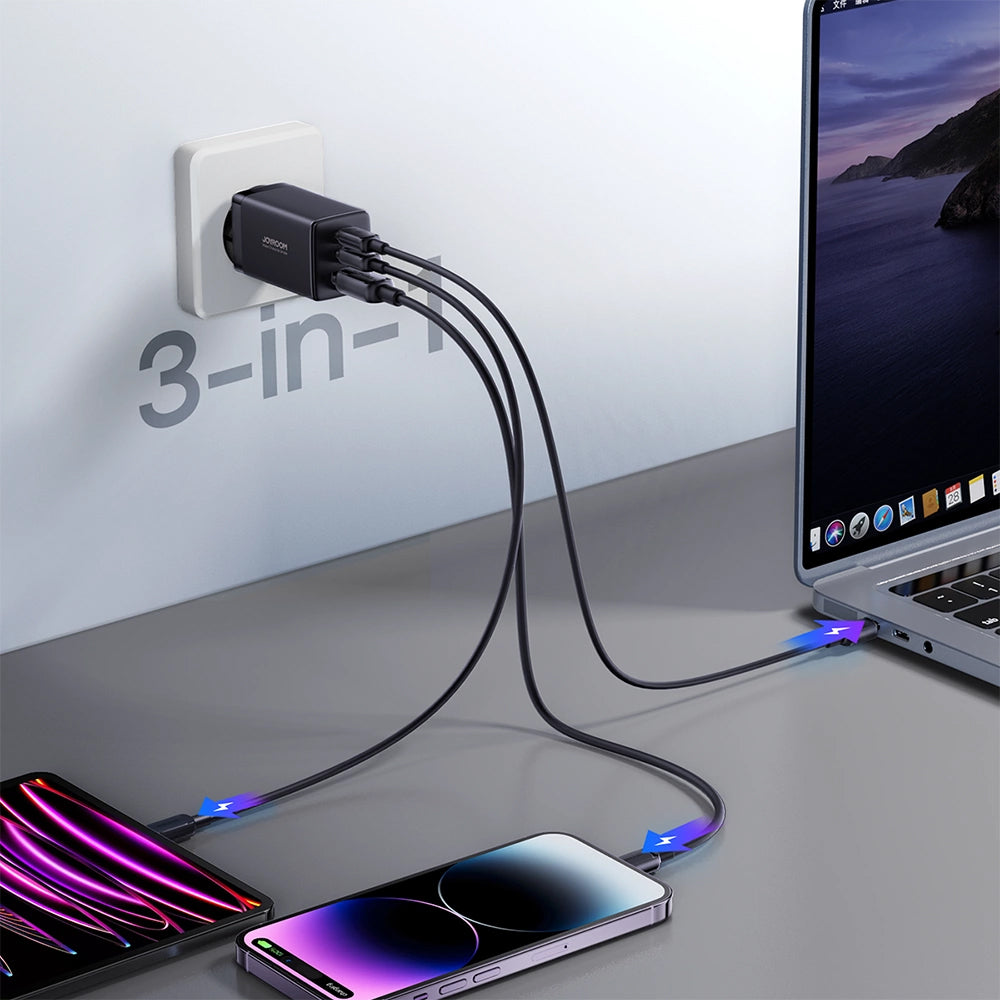 Nettlader med USB-C-kabel Joyroom TCG01, 65W, 3.25A, 1 x USB-A - 2 x USB-C, Svart